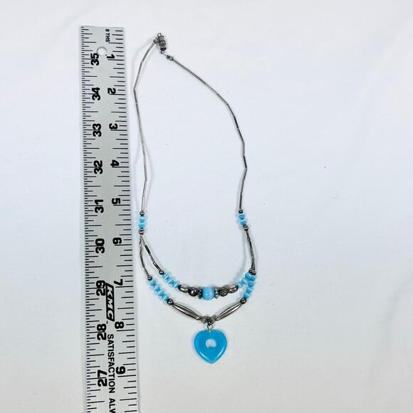Vintage Beaded Black Blue Open Heart Pendant Necklace Jewelry Metal 7" - Picture 5 of 5